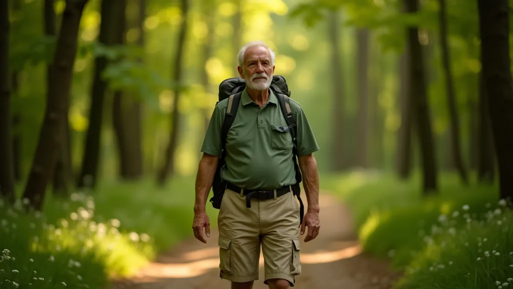 Senioras vaikštantis per tamsią medžių alėją su šešėliais