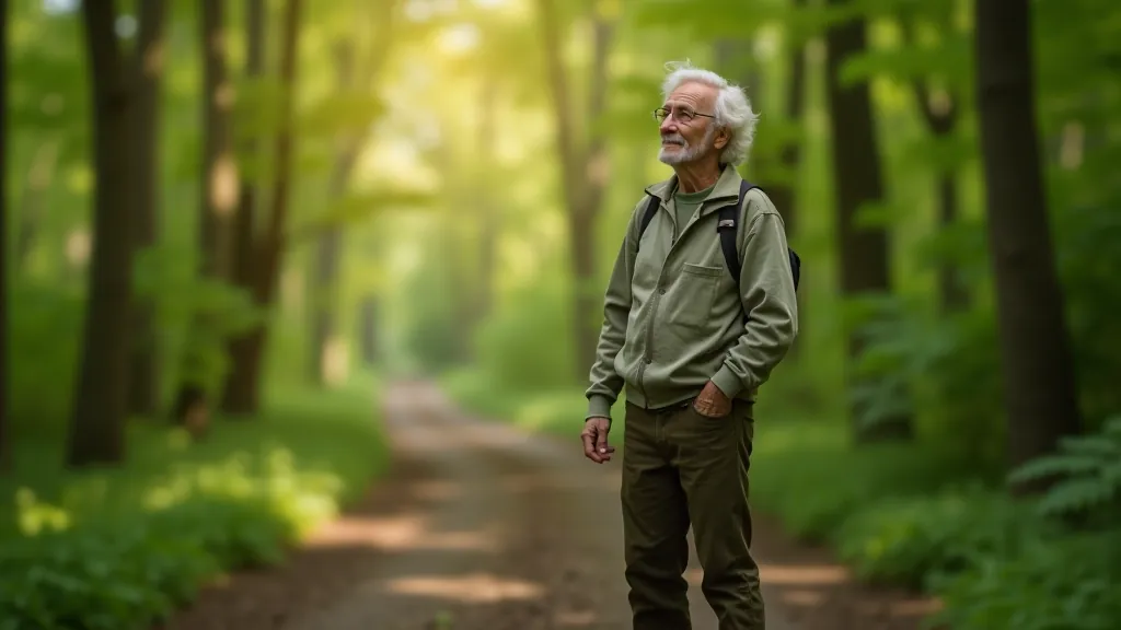 Šešėlistame miške stovintis senesnis žmogus, apžvelgiąs aplinkumą